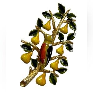Vintage Signed Cadoro Enamel Pear And Bird Tree 3” Brooch Pin Yellow Gold Tone